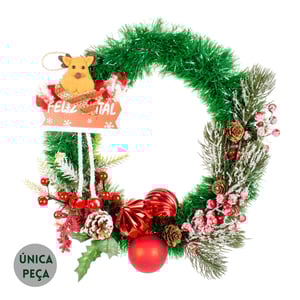 GUIRLANDA FELIZ NATAL 40 CM COM RENA BOLAS CIPRESTE