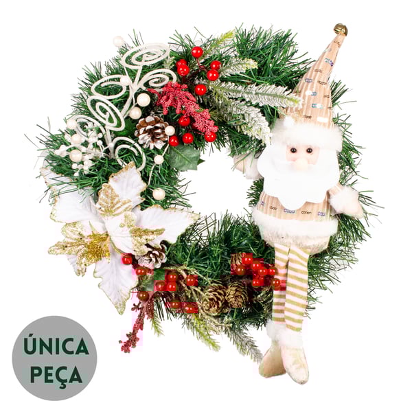GUIRLANDA NATAL 42 CM PAPAI NOEL COM FLOR E COMPLEMENTOS BRANCOS
