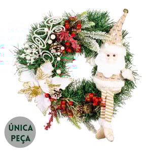 GUIRLANDA NATAL 42 CM PAPAI NOEL COM FLOR E COMPLEMENTOS BRANCOS