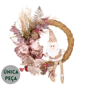 GUIRLANDA NATAL 42 CM PAPAI NOEL COM LAÇO E FLORES CHAMPAGNE / ROSE