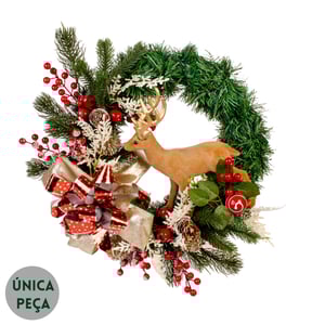 GUIRLANDA RENA 44 CM COM LAÇOS PINHAS E SEMENTES