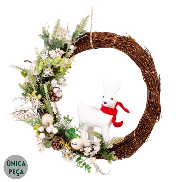 GUIRLANDA RENA NATAL 40 CM COM SEMENTES BRANCAS E SINOS