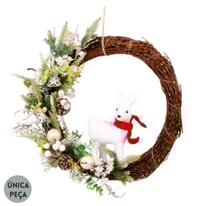 GUIRLANDA RENA NATAL 40 CM COM SEMENTES BRANCAS E SINOS