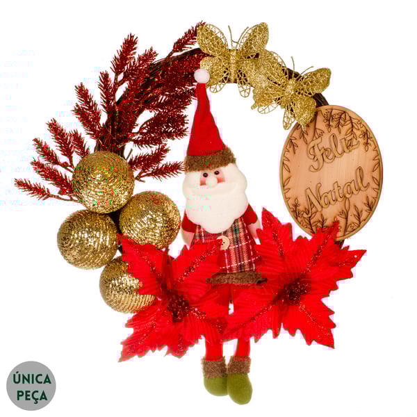 GUIRLANDA FELIZ NATAL 45 CM PAPAI NOEL COM FLORES E BOLAS