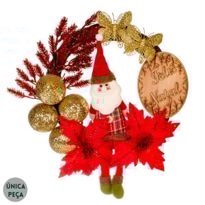 GUIRLANDA FELIZ NATAL 45 CM PAPAI NOEL COM FLORES E BOLAS