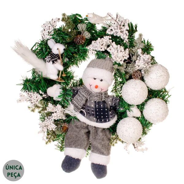 GUIRLANDA BONECO DE NEVE 48 CM AZUL COM BOLAS E SEMENTES BRANCAS