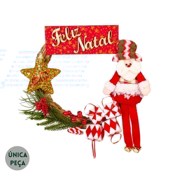 GUIRLANDA FELIZ NATAL 35 CM PAPAI NOEL COM PRESENTES E ESTRELA