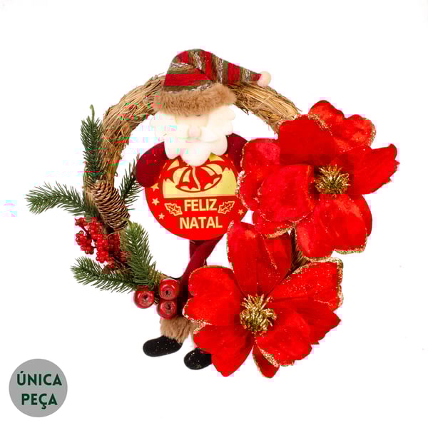 GUIRLANDA FELIZ NATAL 40 CM PAPAI NOEL COM FLOR DE VELUDO