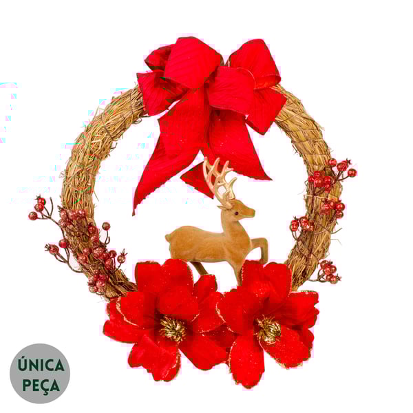 GUIRLANDA NATAL 50 CM RENA COM FLORES E LAÇO VERMELHO