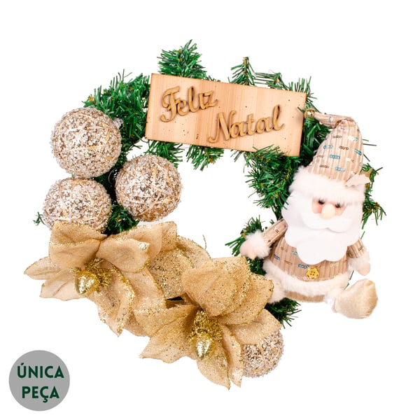 GUIRLANDA FELIZ NATAL 40 CM PAPAI NOEL BEGE COM BOLAS E FLORES