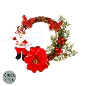 GUIRLANDA NATAL 40 CM PAPAI NOEL COM FLOR BOLAS E BORBOLETA
