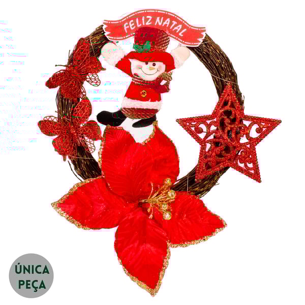 GUIRLANDA FELIZ NATAL 40 CM BONECO DE NEVE FLOR E ESTRELA COM BORBOLETAS