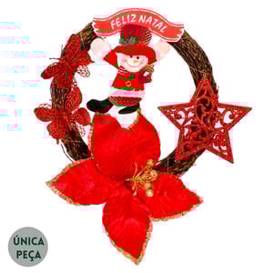 GUIRLANDA FELIZ NATAL 40 CM BONECO DE NEVE FLOR E ESTRELA COM BORBOLETAS