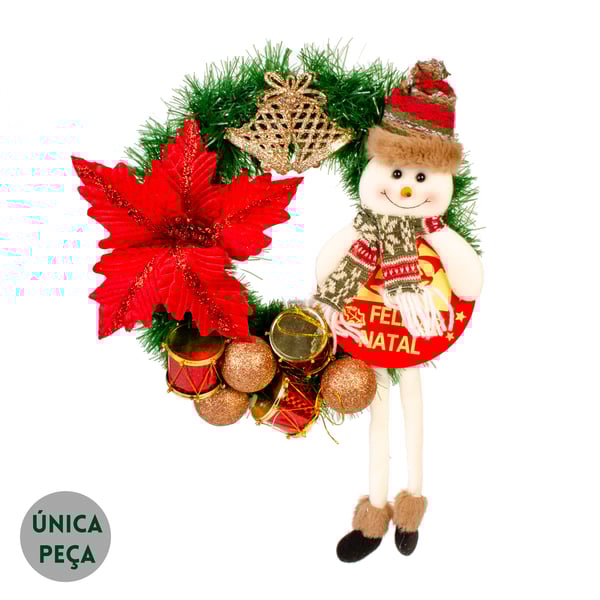 GUIRLANDA FELIZ NATAL 40 CM BONECO DE NEVE COM FLOR E TAMBORES