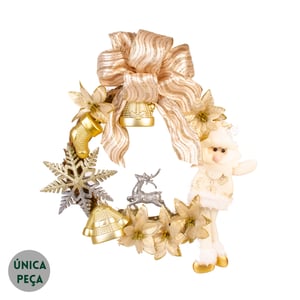 GUIRLANDA NATAL 40 CM PAPI NOEL LAÇO E FLORES DOURADAS