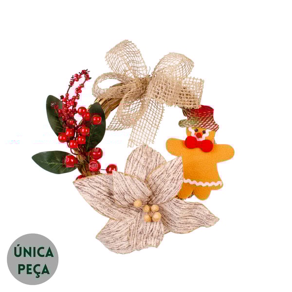GUIRLANDA NATAL 30 CM BONECO DE BISCOITO COM FLOR E SEMENTES