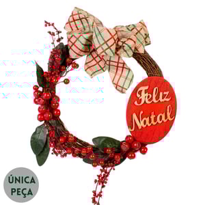 GUIRLANDA FELIZ NATAL 40 CM LAÇO XADREZ COM SEMENTES