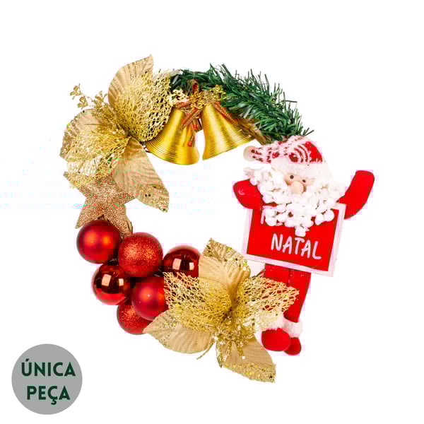 GUIRLANDA FELIZ NATAL 30 CM PAPAI NOEL COM BOLAS FLORES E SINOS