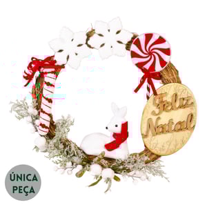 GUIRLANDA FELIZ NATAL 42 CM RENA COM BENGALA PIRULITO E FLOCOS DE NEVE