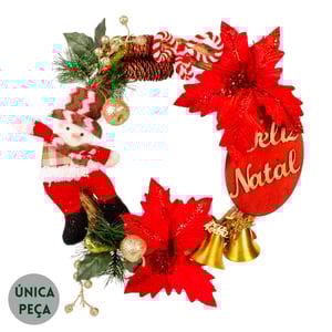 GUIRLANDA FELIZ NATAL 40 CM BONECO DE NEVE COM FLORES E SINOS