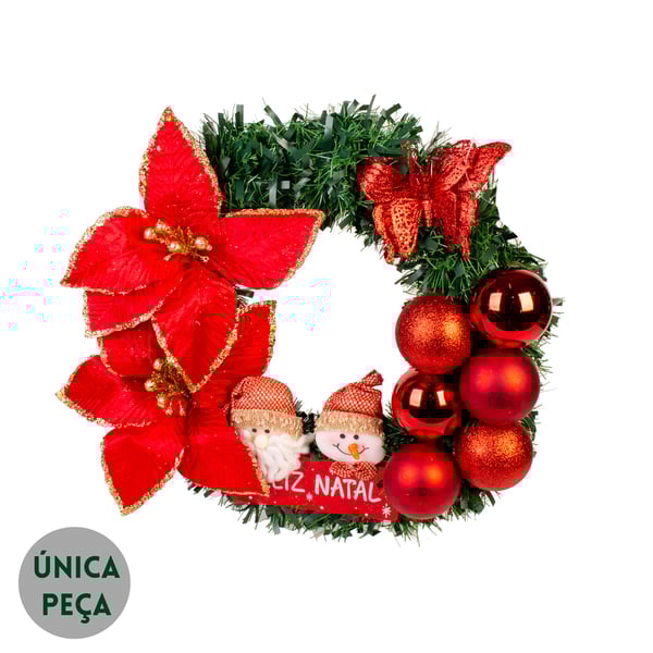 GUIRLANDA FELIZ NATAL 50 CM PAPAI NOEL E BONECO DE NEVE COM FLOR E BOLAS