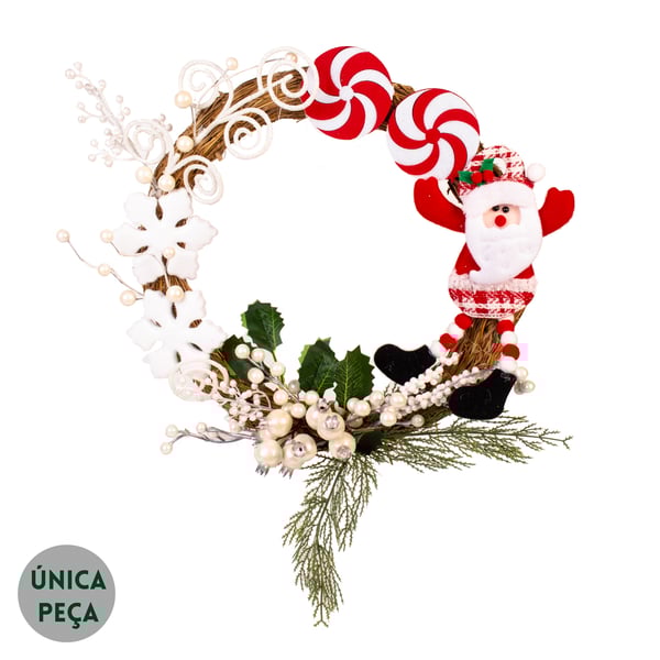 GUIRLANDA NATAL 40 CM PAPAI NOEL COM PIRULITOS E FLOCOS DE NEVE