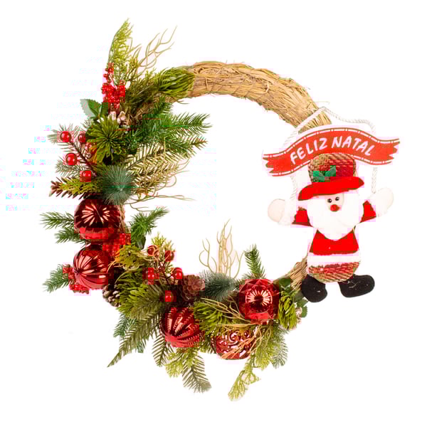 GUIRLANDA FELIZ NATAL 40 CM PAPAI NOEL COM BOLAS E RAMOS