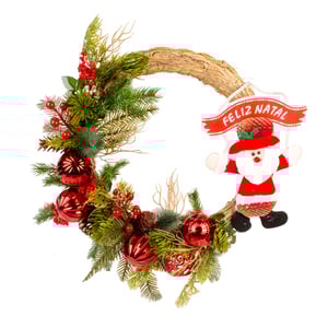 GUIRLANDA FELIZ NATAL 40 CM PAPAI NOEL COM BOLAS E RAMOS