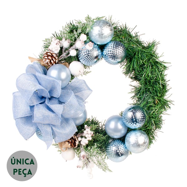 GUIRLANDA NATAL 35 CM LAÇO AZUL COM BOLAS E SEMENTES