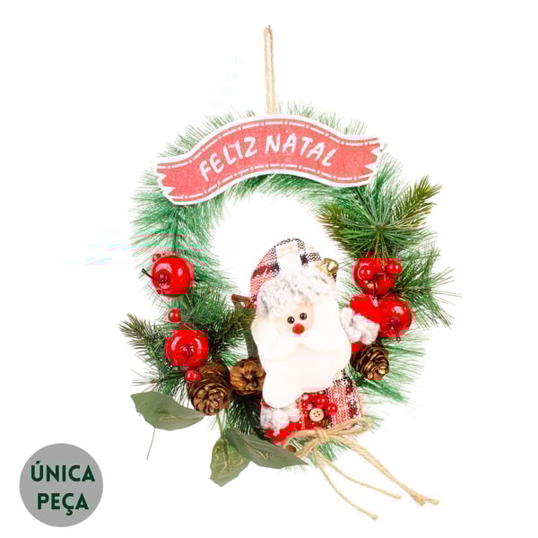 GUIRLANDA FELIZ NATAL 28 CM PAPAI NOEL COM PINHAS MAÇÃS E SEMENTES