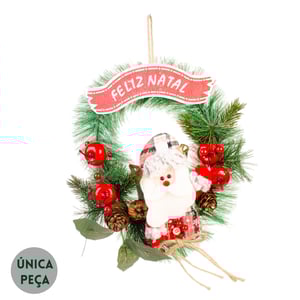 GUIRLANDA FELIZ NATAL 28 CM PAPAI NOEL COM PINHAS MAÇÃS E SEMENTES