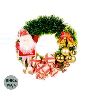 GUIRLANDA FELIZ NATAL 35 CM PAPAI NOEL COM LAÇO XADREZ E BOLAS