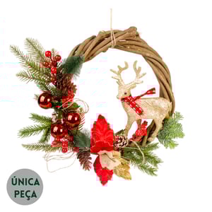 GUIRLANDA NATAL 32 CM RENA COM FLOR E BOLAS