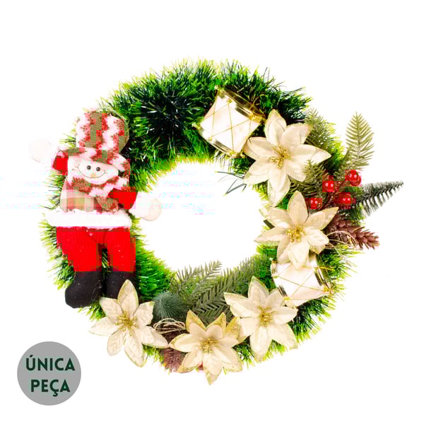 GUIRLANDA NATAL 35 CM BONECO DE NEVE COM TAMBORES E FLORES