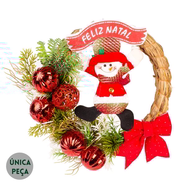 GUIRLANDA FELIZ NATAL 35 CM BONECO DE NEVE COM LAÇO E BOLAS