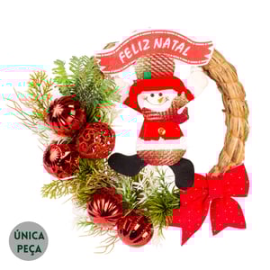 GUIRLANDA FELIZ NATAL 35 CM BONECO DE NEVE COM LAÇO E BOLAS