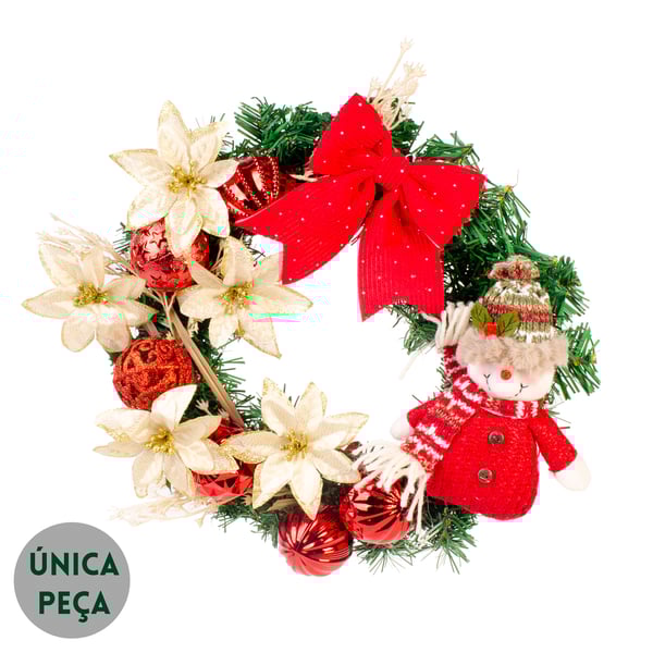 GUIRLANDA NATAL 35 CM BONECO DE NEVE COM FLORES E BOLAS