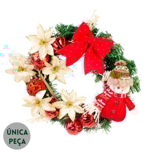 GUIRLANDA NATAL 35 CM BONECO DE NEVE COM FLORES E BOLAS