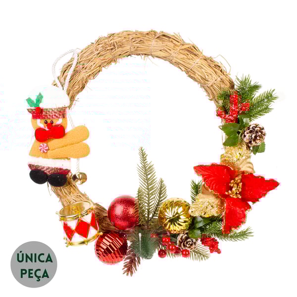 GUIRLANDA NATAL 38 CM BONECO BISCOITO COM FLOR TAMBOR E BOLAS