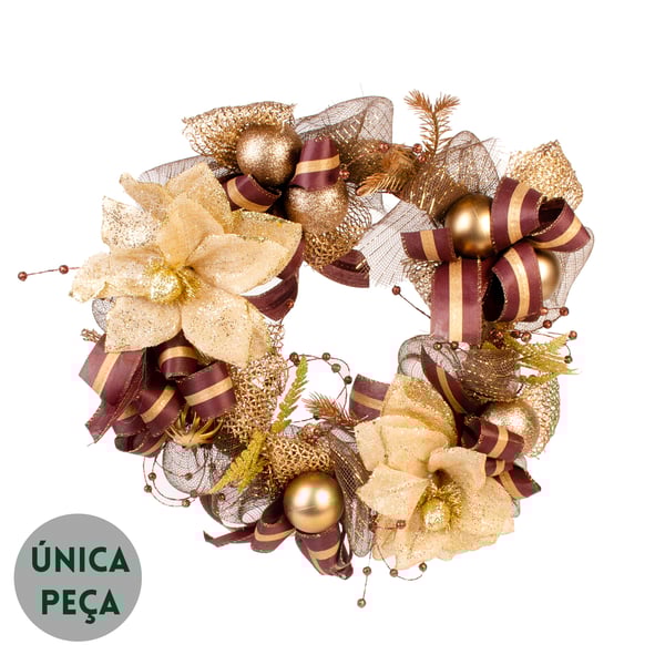 GUIRLANDA NATAL 48 CM LAÇOS COM FLORES MARROM E DOURADO