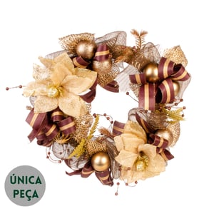 GUIRLANDA NATAL 48 CM LAÇOS COM FLORES MARROM E DOURADO