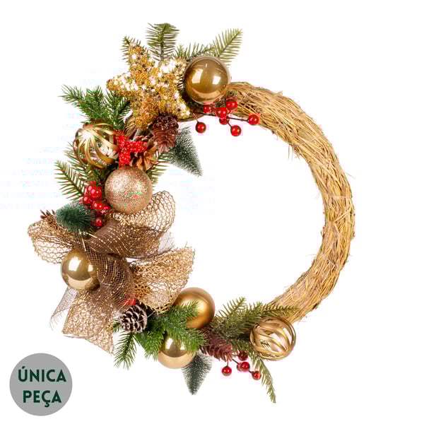 GUIRLANDA NATAL LAÇOS E BOLAS 40 CM DOURADO E MARROM