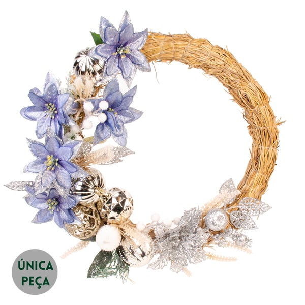 GUIRLANDA NATAL 40 CM FLORES AZUIS E PRATA