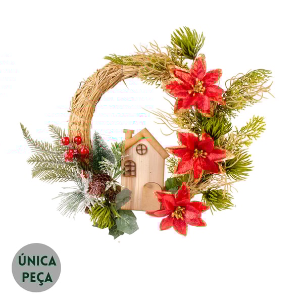 GUIRLANDA NATAL 28 CM CASA COM FLORES VERMELHAS