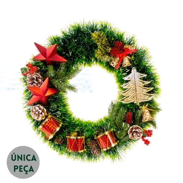 GUIRLANDA NATAL 40 CM TAMBORES ESTRELAS E PINHAS
