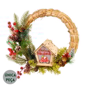 GUIRLANDA FELIZ NATAL 30 CM CASA COM SEMENTES E PINHAS