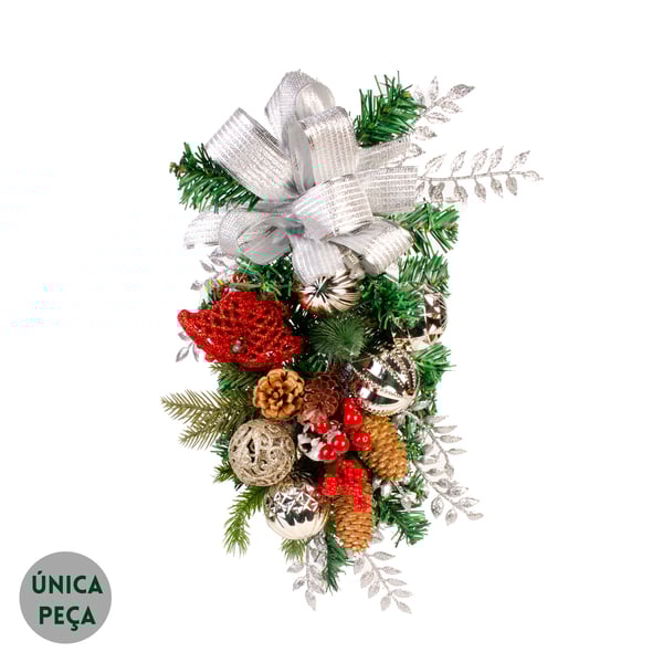 GUIRLANDA NATAL 45 CM BOLAS COM LAÇO PRATA E VERMELHO