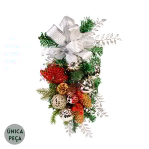 GUIRLANDA NATAL 45 CM BOLAS COM LAÇO PRATA E VERMELHO