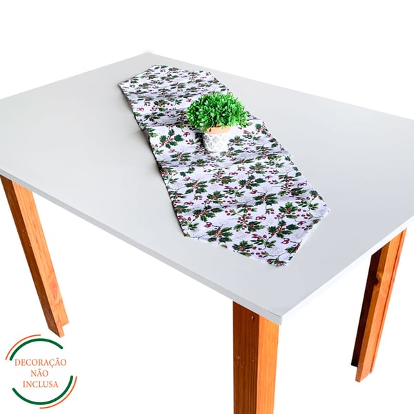 TRILHO MESA 32 CMX1,80 M NATAL BRANCO COM FOLHAS E FRUTOS GLITTER