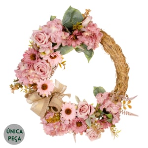 GUIRLANDA ROSA COM HORTÊNSIA 45 CM COM LAÇO